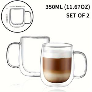 TEMU 2pcs 12oz 더블 월드 절연 유리 커피 머그컵 - 보로실리케이트 유리, 투명, 음료를 뜨겁거나 차가운 상태로 유지, 커피 바, 카푸치노, 라떼, 차 등에 이상적 - 부활절, 크리스마스, 가족 모임, 생일 파티에 이상적 - 350ml, 커피 바 액세서리
