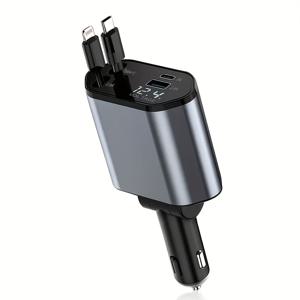 TEMU 66W 리트렉터블 자동차 충전기, 4-in-1 고속 자동차 전화 충전기, 2.6피트 케이블 2개 포함, 180도 조절 가능한 방향, 리트렉터블 케이블, 2개의 USB 포트 자동차 충전기 어댑터, Iphone 16, 15, 14, 13, 12 Pro Max, Samsung Galaxy S23/22, Pixel, 태블릿과 호환 가능, 배터리 없음
