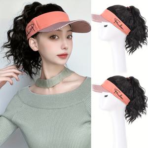 TEMU 여성용 하이포니테일 야구 모자 가발 - 스타일리시 워터 웨이브 합성 헤어피스 비저 포함, 피치 컬러 모자, 모든 머리 타입에 적합, 내열 섬유, 아웃도어 활동에 완벽한 패션 헤드기어 | 세련된 포니테일 모자 | 편안한 착용감