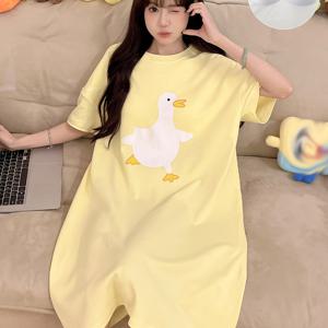 TEMU 플러스 사이즈 여성용 오리 프린트 수면 드레스 - 내장 브라, 루즈핏 반팔 라운드넥 봄 여름 잠옷, 세탁기 사용 가능 편안한 홈웨어 & 슬립웨어, 재미있는 디자인, 부드러운 소재