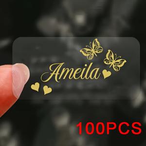 TEMU 100개 맞춤형 탄소 골든 직사각형 라벨, 투명 방수 이름 스티커 - 나비 스티커, 꽃 하트 스티커 40X30Mm
