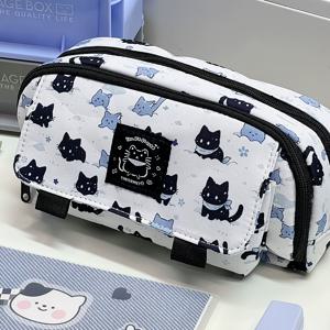TEMU 귀여운 눈꽃 고양이 필통 1개 - 내구성 강한 옥스포드 원단, 흰색과 블랙&블루 패턴, 학교나 사무용품에 완벽|필통