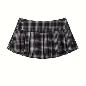 TEMU 여성을 위한 우아한 체크무늬 플리츠 미니 스커트 - 허리 높음, 효과, 여름에 완벽, 버튼 디테일 및 레깅스 포함, 패션 | 프릴 헴 스커트 | 세련된 레깅스