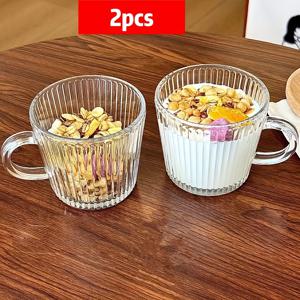 TEMU 2pcs 14oz INS Style 리브드 유리 커피 컵 핸들 - 티, 우유, 주스 및 오트밀을 위한 투명, 쌓을 수 있고 내구성이 뛰어난 - 가정, 카페 및 사무실 사용에 적합 - 이상적인 파리다비 선물, 커피 바 액세서리