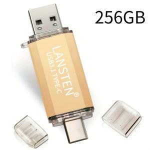 TEMU LANSTEN 64GB/128GB/256GB USB-C OTG 플래시 드라이브 - 맥북 프로, 폰, 태블릿 및 컴퓨터용 고속 메모리 스틱 2-in-1 - 보호 캡이 있는 컴팩트 골든 디자인, 다기능 데이터 전송, 슬림한 금속 마감, 투명 보호 캡
