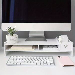 TEMU 1pc 에르고노믹 모니터 스탠드 - 흰색 ABS 데스크탑 정리함, 목 지지기 리프팅 베이스, 사무실 필수품, 컴퓨터 액세서리용 다층 저장, 사무실 데스크 정리함 | 현대식 데스크 세팅 | 내구성 있는 데스크 정리함, 모니터 스탠드|컴퓨터책상|모니터받침대
