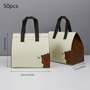 TEMU 50개 귀여운 곰돌이 선물 가방 세트 - 튼튼한 손잡이 포함, 두꺼운 보온 논웨븐 토트백 (파티용, 결혼식, 생일 등) - 화이트+브라운 액센트 & 