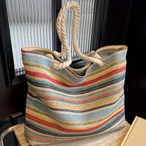 TEMU 우아한 다색 직조 토트백, 줄 손잡이 - 가벼우며 내구성이 뛰어난 원단, 캐주얼 쇼핑 및 일상 출퇴근에 완벽, 일상용 토트백 | 줄무늬 패턴 토트 | 내구성 있는 손잡이 백|테무쇼핑|토트백|에코백