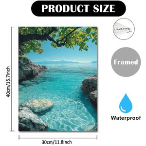 TEMU 11.8x15.7 인치 목재 프레임으로 만든 아름다운 파란 바다 및 바위 해안 캔버스 아트 - 투명한 터키스 오션 물, 팜 트리, 및 산악 전망이 있는 평온한 해변 풍경 - 가정, 사무실, 또는 특별한 기회에 적합한 해변 벽 장식 | 열대 해변 장면 | 목재 프레임 아트, 해변 액세서리