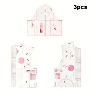 TEMU 3pcs 세트, 1:1 패션 디자인 규칙 세트 - 프론트 피스 + 백 피스 + 슬리브 세트, 세탁사 세탁사 키트, 대형 수제 패턴 그리기 및 측정 도구, DIY 의류 디자인용 투명 빨간 아크릴 템플릿