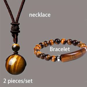 TEMU 2pcs 라운드 자연적인 타이거 아이 스톤 넥레이스, 조절 가능한 브레이드 로프 자연스톤 펜던트 넥레이스 + 자연스톤 브레이슬릿, 데이, 크리스마스, 할로윈 선물, 커플을 위한 이상적인 선물