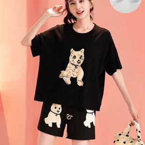 TEMU 여성용 캐주얼 동물 프린트 파자마 세트 - 귀여운 고양이 디자인의 부드러운 블랙 티셔츠, 반팔 풀오버, 및 강아지 일러스트레이션의 매칭한 반바지, 봄 & 여름에 완벽한, 편안한 옷 | 재미있는 동물 프린트 | 편안한 반바지, 파자마 세트