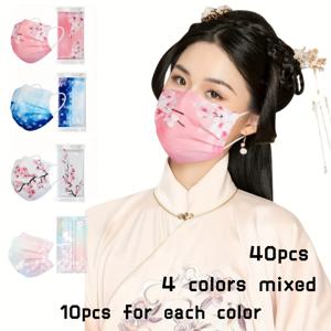 TEMU 40개 개별 포장 일회용 스펀레이스 마스크 - 4가지 꽃무늬 (벚꽃, 모란, 블루 워터컬러, 핑크 그라데이션), 여성 패션 및 야외 활동용 통기성 비탄력 얼굴 커버, 장식용 마스크, 편안한 착용감, 내구성 있는 원단
