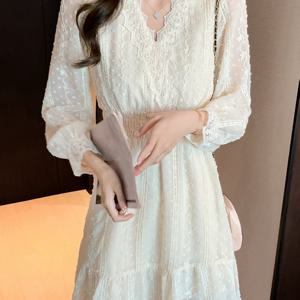 TEMU 여성용 우아한 화이트 레이스 V넥 드레스 - 긴 소매, 반투명, 꽃 자수, 프릴 밑단, 폴리에스터, 캐주얼 또는 정장 행사에 완벽함, 스타일리시한 출퇴근용 드레스 | 귀여운 드레스