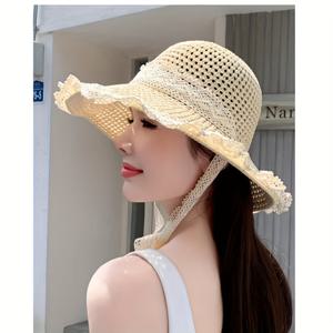 TEMU [] 일본식 달콤한 레이스 업 스트로우 선 하트 - 와이드 브림, 통기성 및 여름 해변 모자, 세련된 레이스 디테일링, 폴리에스테르 소재, 야외 활동에 완벽합니다.|벙거지모자|여름모자