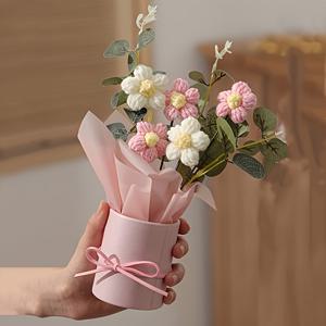 TEMU 손으로 짠 꽃다발 세트, 천과 직조된 꽃, 플라스틱 양동이, 포장지 포함, 실 5줄로 짜인, 어머니나 친구에게 선물하기에 적합한 기념일 선물, 어머니의 날 선물, 발렌타인데이 선물, 생일 선물, 홈 데코