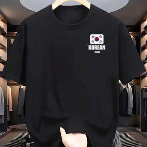 TEMU 남성용 한국 국기 문자 프린트 티셔츠 - 연한 파란색 크루넥 캐주얼 반팔, 여름에 편안하고 통기성이 좋음, 세탁기 사용 가능, 일반 핏의 캐주얼 의상|태극기