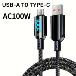 TEMU 100W 초고속 충전 USB A 타입-C 케이블, LED 디스플레이, 매트 피니시, 데이터 동기화, 6A 고전류, iPhone 15/16, Xiaomi, POCO, Samsung와 호환 가능, 나일론 브레이드 플랫 남성 커넥터, 100W 퀵 충전 CC 케이블, USB 충전 케이블, 추수 감사절에 완벽합니다.