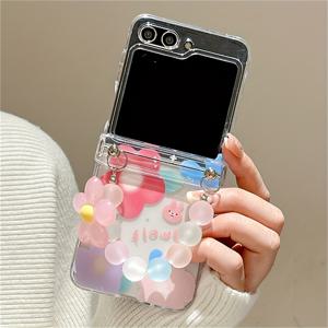 TEMU 새로운 꽃과 비즈 끈이 있는 트렌디하고 사랑스러운 접이식 PC 하드 폰 케이스, Samsung Galaxy Z Flip 모델 3, 4, 5 및 6을 위한 디자인, 스타일리시하고 충격 방지 보호 커버를 제공합니다.|폰케이스