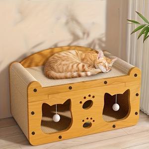 TEMU 2-in-1 고양이 스크래처 및 라운지 베드 - 튼튼한 판지와 매달린 장난감, 사계절 내내 편안함을 제공하는 코지 플레이하우스, 오렌지색과 천연 나무 디자인