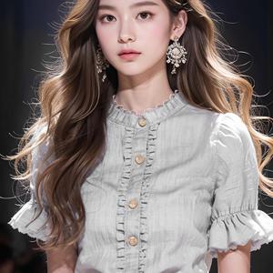 TEMU 여성용 시크한 그레이 프릴 소매 블라우스 - 여름 2025 컬렉션, 우아한 스탠드 칼라, 반팔, 단색으로 프론트 버튼 디테일, 캐주얼 주말 착용을 위한 가벼운 셔폰, 여름 패션 | 시크한 스타일 | 부드러운 레이스 트리