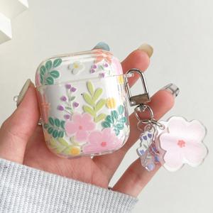 TEMU 원래의 간단한 스타일 핑크 꽃 패턴 TPU 투명 쉘 무선 헤드셋 보호 케이스, AirPods2, AirPods3, AirPods Pro, AirPods Pro2 이어폰 케이스에 적합한 후크 포함