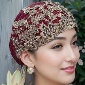 TEMU 여성용 우아한 비즈 레이스 터번 모자 - 폴리에스터 자카드 탄성 헤드스카프, 끈 조절 가능, 드라이클리닝 전용, 깃털 없음, 라마단, 화학 요법, 이드 알-아드하 및 캐주얼 의상용 다용도 스타일