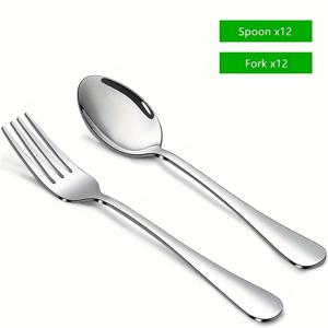 TEMU 포크와 숟가락이 포함된 24피스 실버웨어 세트, 스테인리스 스틸 식기 세트, 가정, 주방 및 레스토랑에 적합, 거울처럼 반짝이는 마감, 식기세척기 사용 가능 - 12개의 저녁 포크(6.7인치)와 12개의 티스푼(6.7인치)
