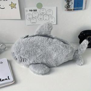 TEMU 귀여운 상어 인형 펜슬 케이스 - 대용량, 여성용 휴대용 화장품 가방, 부드러운 인조 퍼, 무알코올, 다색|필통