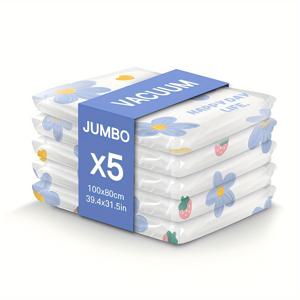TEMU 5개 패키지 진공 보관 가방, 이불, 베개, 담요, 침구, 옷을 위한 공간 절약형 밀봉 가방, 80% 공간 절약, 방습, 대용량 가정 정리함, 플라스틱, 직사각형, 지퍼 폐쇄, 다목적, 전기 필요 없음|이불정리함