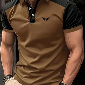 TEMU 남성용 줄무늬 골프 셔츠, 야외용 캐주얼 반팔 라펠 셔츠