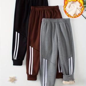TEMU 3pcs 소년용 플리스 안감 조거 바지 - 가을/겨울 컬렉션, 신축성 있는 허리끈, 줄무늬 사이드 디자인, 따뜻하고 세련된, 블랙/그레이/카키, 젊은이 및 유아용 루즈핏, 야외 캐주얼 바지|트렌디 소년 바지|소프트 소재 바지, 야외용