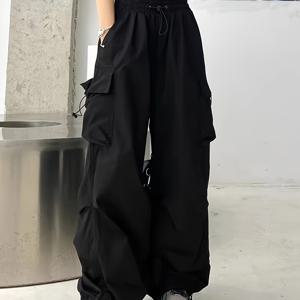 TEMU 여성 캐주얼 카고 팬츠 1개, 단색 폴리에스터, 봄/가을 패션, 다중 포켓, 짠 직조, 성인 핏|냉장고바지|바지|여성의류
