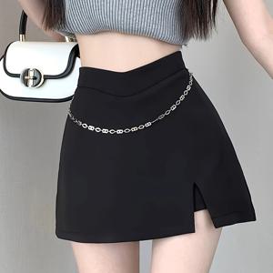 TEMU 여성용 세련된 체인 디테일 스커트, 단색, 100% 폴리에스터, 150g/m² 직조 직물, 올 시즌, 내부 안감, 노출 방지, 짧은 길이