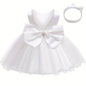 TEMU 크리스천 솔리드 컬러 커뮤니온 드레스 및 티아라. 2pcs 세트. 아기 우아한 레이스 튜블 드레스, 소매 없는 드레스와 리본 진주 장식, 첫 생일 파티 크리스천 드레스, 아기 소녀의 의상 공식 행사/생일 파티/사진 촬영/뱃소식