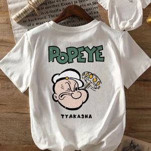TEMU 여성용 캐주얼 'PoPeye' 만화 해군 모자 티셔츠 - 흰색 반팔 티셔츠, 재미있는 디자인, 폴리에스터 니트 소재, 올 시즌 편안한 핏, 캐주얼 웨어 티셔츠 | 만화 프린트 탑 | 니트 구성, 해양 의류