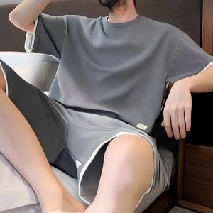 TEMU 봄, 여름, 가을 남성용 홈웨어 와플 파자마 단색 남성용 반팔 봄과 가을 착용 가능한 신축성 있는 허리 반바지 세트 고급 홈 파자마
