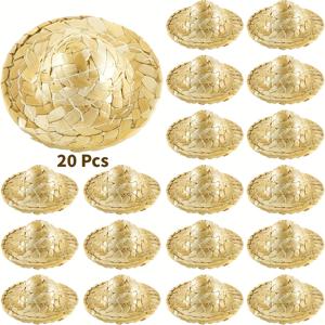 TEMU 20pcs 미니 골든 스트로우 모자, 2.1 인치 - DIY 공예, 파티, 샤워, 하와이 테마, 여름 휴일 기념일, 전원 필요 없음, 하와이 파티 장식 | 지중해 파티 장식 | 짠 질감, 하와이 파티 장식