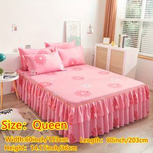 TEMU 3pcs (1 침대 스커트 + 2 베개 커버) 더블 레이어 스커트 식물 꽃무늬 패턴 침대 스커트 벨트 스커트 시트 핏된 시트 매트리스 프로텍터 기계 세탁 가능