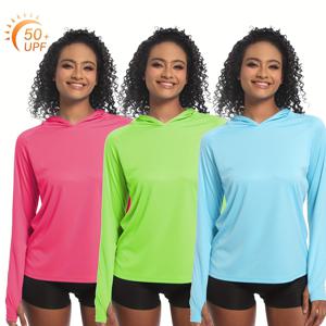 TEMU 3pcs 여성용 UPF 50+ 태양 보호 후드, 하이킹, 낚시, 야외 피트니스 및 러닝용 긴 소매 티셔츠 - 경량, 통기성, 습기 흡수성 운동복, 단색