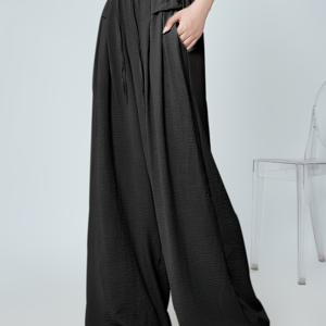 TEMU 여성용 캐주얼 와이드 레그 팬츠, 단색 폴리에스터 100% 비스턴한 직물, 봄/여름/가을 시즌, 직조 직물, 포켓이 있는 150 g/m² - 하이 웨이스트 루즈핏 바지