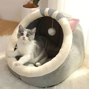 TEMU 1pc 아늑한 폴리에스터 섬유 고양이 집, 현대적인 스타일 애완 동물 침대, 사전 조립된 따뜻하고 편안한 고양이 겨울용 쉼터