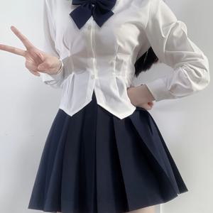 TEMU 여성 JK 유니폼 폴로 셔츠, 긴 소매, 스키니 핏, 단색, 플리츠 디테일, 폴리에스터 100%, 정상 길이, 대학 행사, 봄/가을 시즌, 짠 원단, 140g/m² - 보우 타이 포함되지 않음