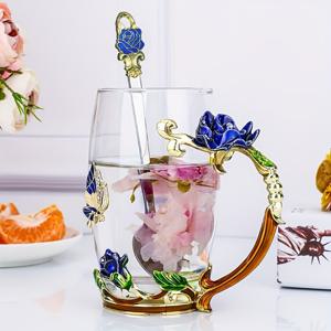 TEMU 우아한 에나멜 장미 & 진주 차 컵 세트 - 350ml 타트, 320ml 숏 | 아침 식사, 우유, 커피, 뜨거운 음료에 완벽 | 블루/레드 글라스 선물 세트