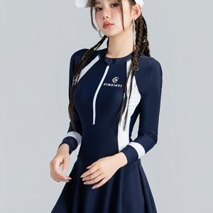 TEMU 새로운 해군 파란색 스포츠 긴팔 수영복 여성용 원피스 수영복 보수적인 슬림한 수영복 원피스 스커트 스타일 핫 스프링 수영복|수영복|임산부수영복