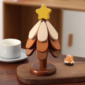 TEMU AMazingWood 크리스마스 트리 코스터 세트 - 목재 테이블 장식 & 내열 컵 매트, 밝고 어두운 나무 마감과 별 모양 토퍼, 완벽한 휴일 선물, 크리스마스 트리 장식
