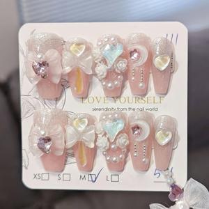 TEMU 10pcs 세트 핸드메이드 젤 네일 팁, 핑크 오발 미디엄 길이와 글로우 핏, 하트 & 문 패턴, 고양이 아이 오로라 글리터 디자인, 미리 디자인된 프레스온 네일|젤네일|네일팁