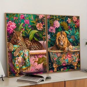 TEMU 무테 2세트 식물 꽃 귀여운 동물 사자 표범 욕조 재미있는 도파민 아트 트렌디 포스터 욕실 화장실 장식 미학 캔버스 페인팅 프린트 벽화 그림, 기숙사, 아파트, 침실, 거실, 화장실, 현대적인 홈 데코용