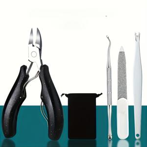 TEMU 5pcs 블랙 포인트 플라이어와 포켓 네일 클리퍼 세트 - 전문가용, 두꺼운 발톱 및 발톱이 자라는 발톱에 적합한, 날카로운 곡선형 블레이드 - 남성과 노인용 발톱 관리 제품, 필수 발톱 관리 액세서리