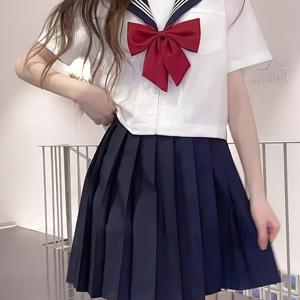 TEMU 여성용 일본 여학생 교복 세트 (빨간 리본 포함) - 흰색 3단 칼라, 네이비 블루 치마, 봄/여름용 반팔 옷, 폴리에스터 혼방, 세일러 칼라 스타일